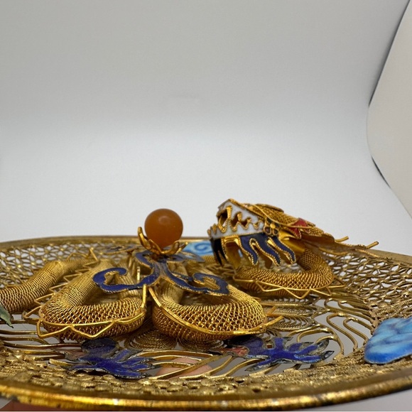 Golden Blue Dragon Wall Piece Chinese cloisonne copper filligre intricate design - Picture 11 of 15
